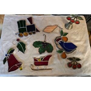 Lot of 9 Vintage stained glass sun catcher Christmas Bell Train Bird Holly Leaf